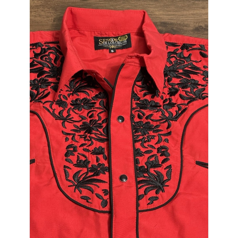 Senor De Los Cielos Men's Western Shirt Snap Button Rockabilly Red Embroidery S